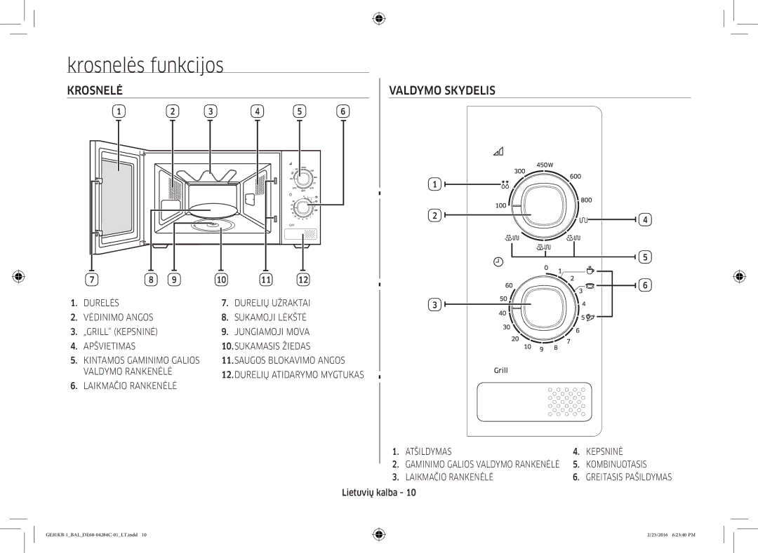 Samsung GE81KB-1/BAL manual Krosnelės funkcijos, Valdymo Skydelis 