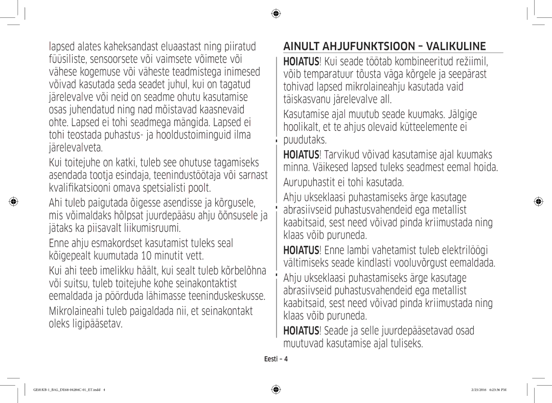 Samsung GE81KB-1/BAL manual Puudutaks, Aurupuhastit ei tohi kasutada 