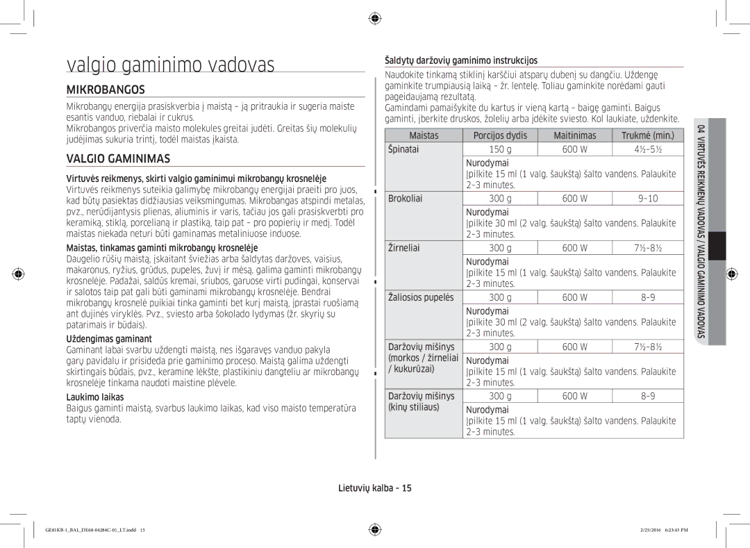 Samsung GE81KB-1/BAL manual Valgio gaminimo vadovas, Mikrobangos, Valgio Gaminimas 