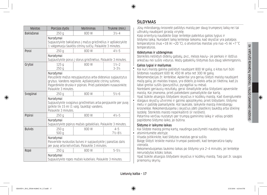 Samsung GE81KB-1/BAL manual Šildymas 