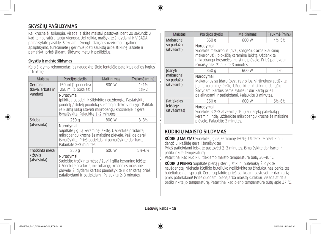 Samsung GE81KB-1/BAL manual Skysčių Pašildymas, Kūdikių Maisto Šildymas 