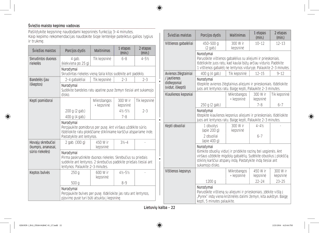 Samsung GE81KB-1/BAL Šviežio maisto kepimo vadovas, Ir trukmę, Gab Kepsninė Min Nurodymai, Riekelės, 400 g 4 gab, Disko 