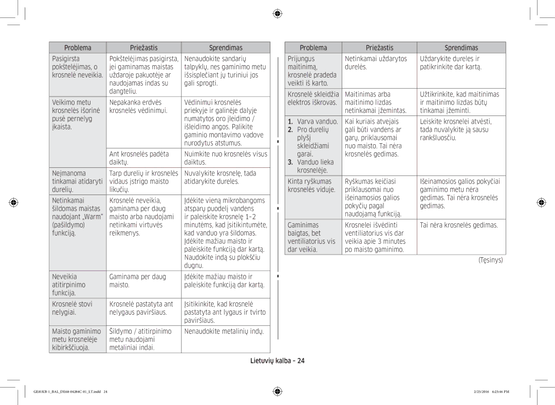 Samsung GE81KB-1/BAL manual Problema Priežastis Sprendimas Pasigirsta 
