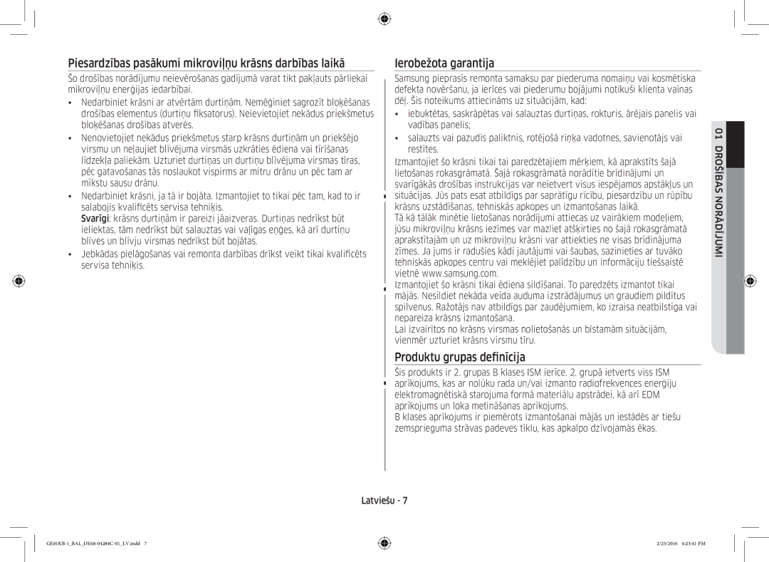 Samsung GE81KB-1/BAL manual Piesardzības pasākumi mikroviļņu krāsns darbības laikā 