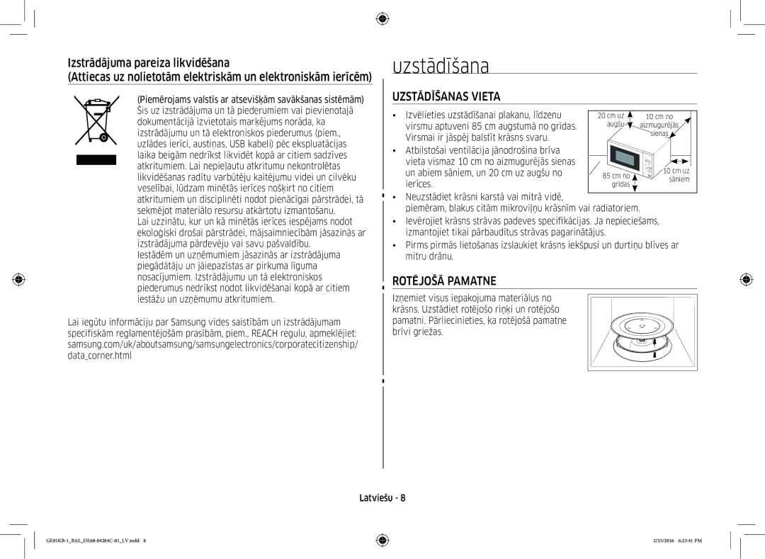 Samsung GE81KB-1/BAL manual Uzstādīšanas Vieta, Rotējošā Pamatne 