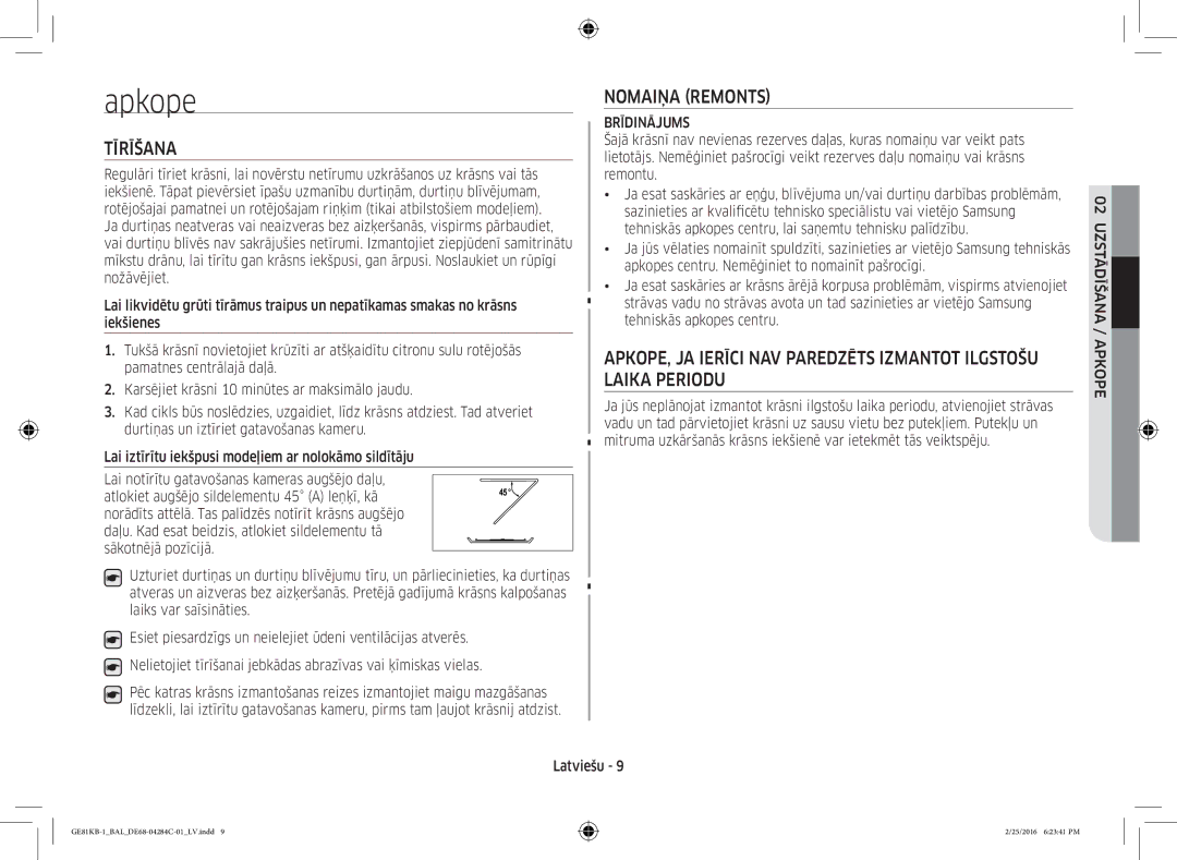 Samsung GE81KB-1/BAL manual Tīrīšana, Nomaiņa Remonts, Brīdinājums, Uzstādīšana / Apkope 