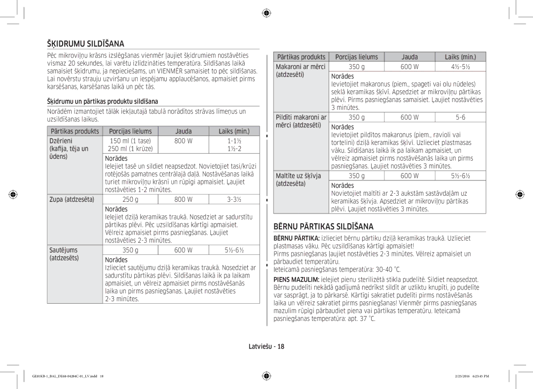 Samsung GE81KB-1/BAL manual Šķidrumu Sildīšana, Bērnu Pārtikas Sildīšana 