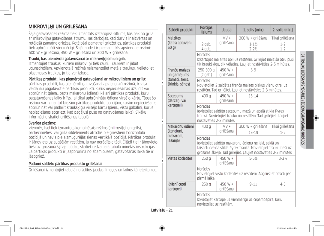 Samsung GE81KB-1/BAL manual Mikroviļņi UN Grilēšana 