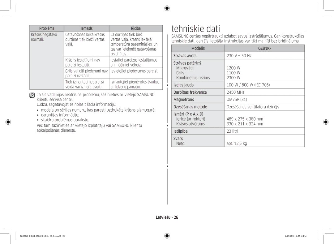 Samsung GE81KB-1/BAL manual Tehniskie dati 