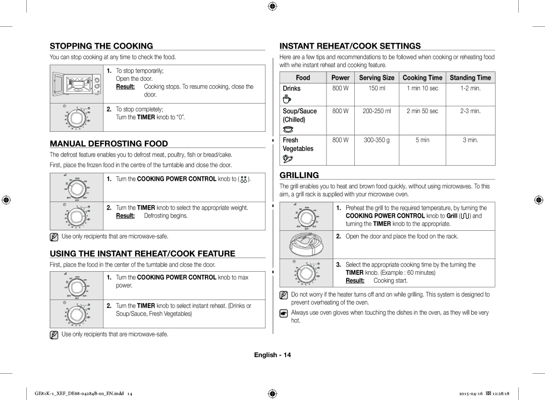 Samsung GE81KB-1/XEF manual Stopping the Cooking Instant REHEAT/COOK Settings, Manual Defrosting Food, Grilling 