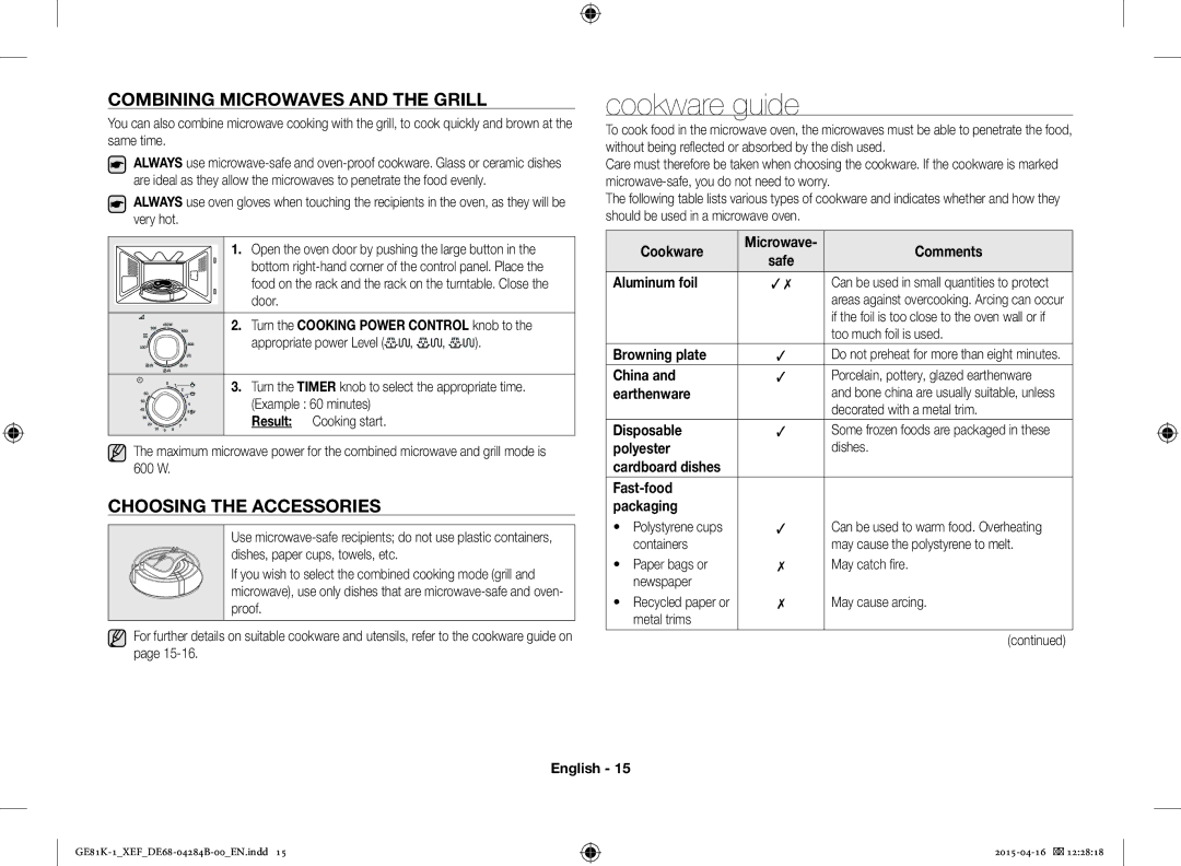 Samsung GE81KB-1/XEF manual Cookware guide, Combining Microwaves and the Grill, Choosing the Accessories 