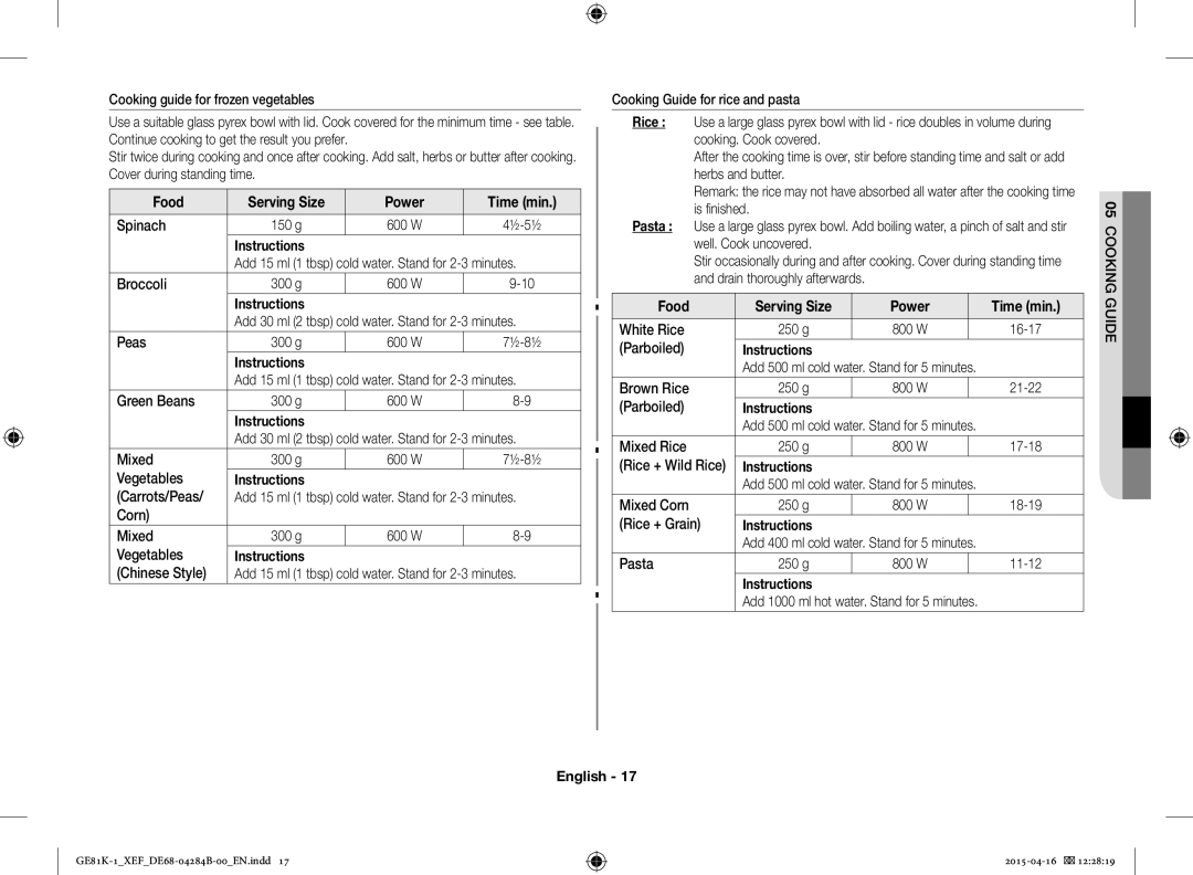 Samsung GE81KB-1/XEF manual Food Serving Size Power Time min, Instructions 