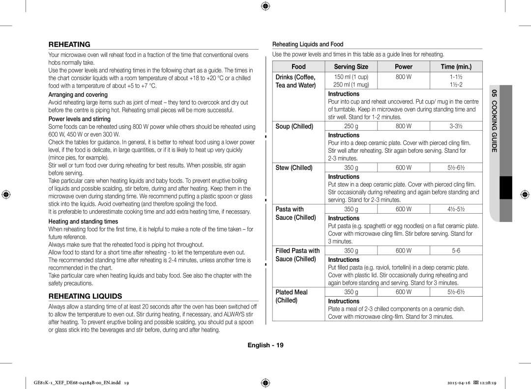 Samsung GE81KB-1/XEF manual Reheating Liquids 