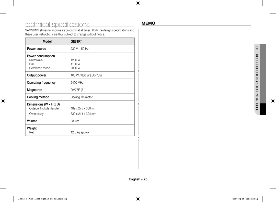 Samsung GE81KB-1/XEF manual Technical specifications, Memo, Model GE81K 