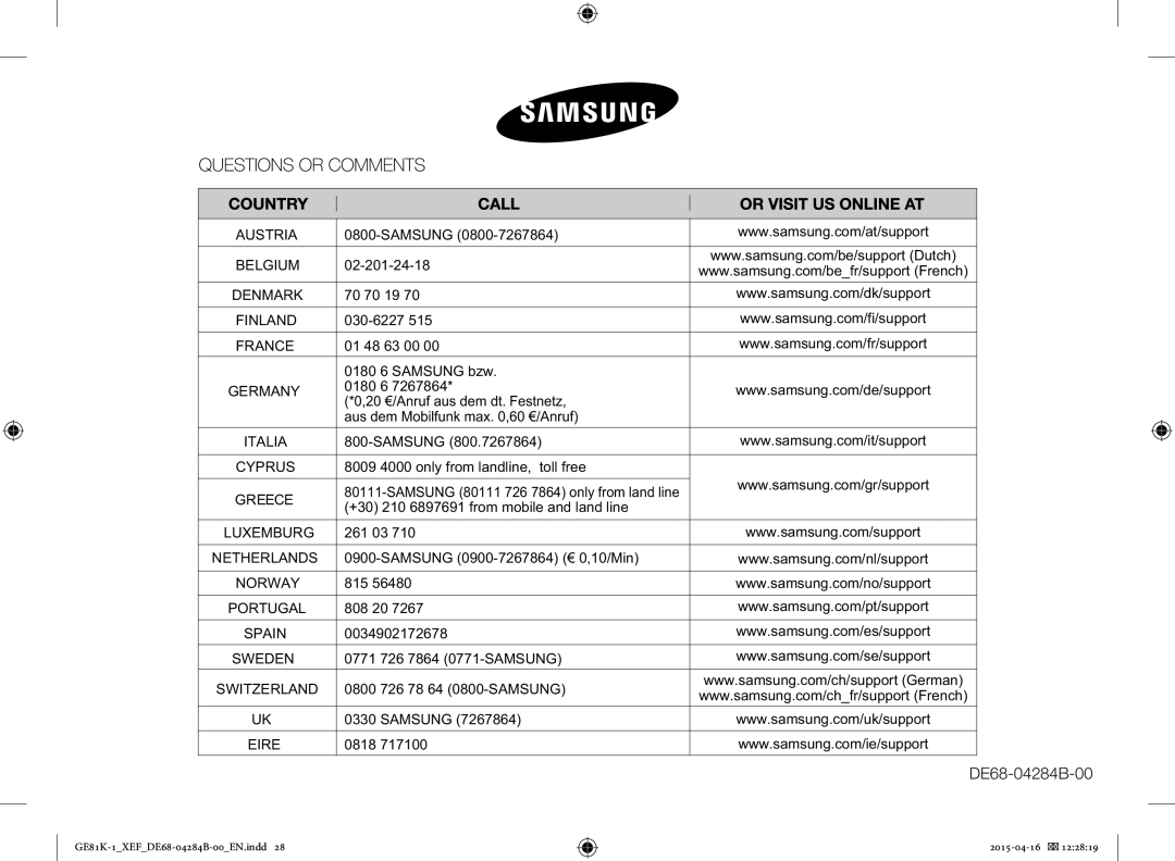 Samsung GE81KB-1/XEF manual 02-201-24-18, 70 70 19, 030-6227, 01 48 63 00 0180 6 Samsung bzw, 261 03, 815, 808 20, 0818 