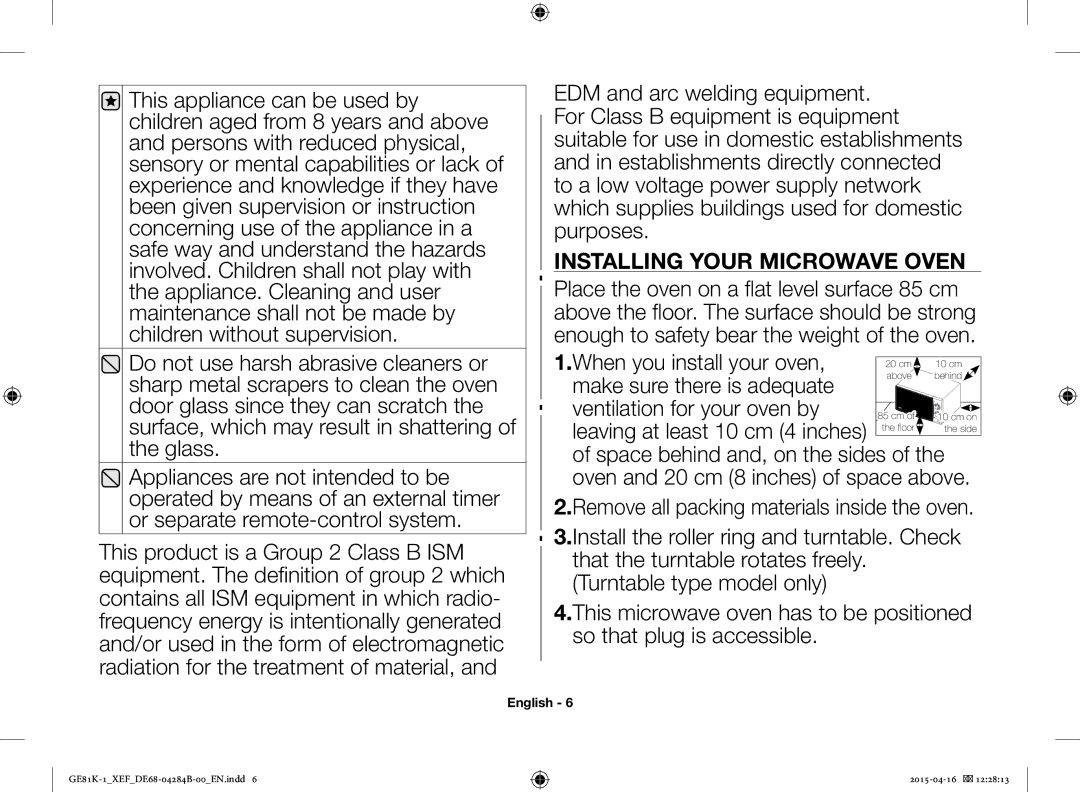 Samsung GE81KB-1/XEF manual Installing Your Microwave Oven 