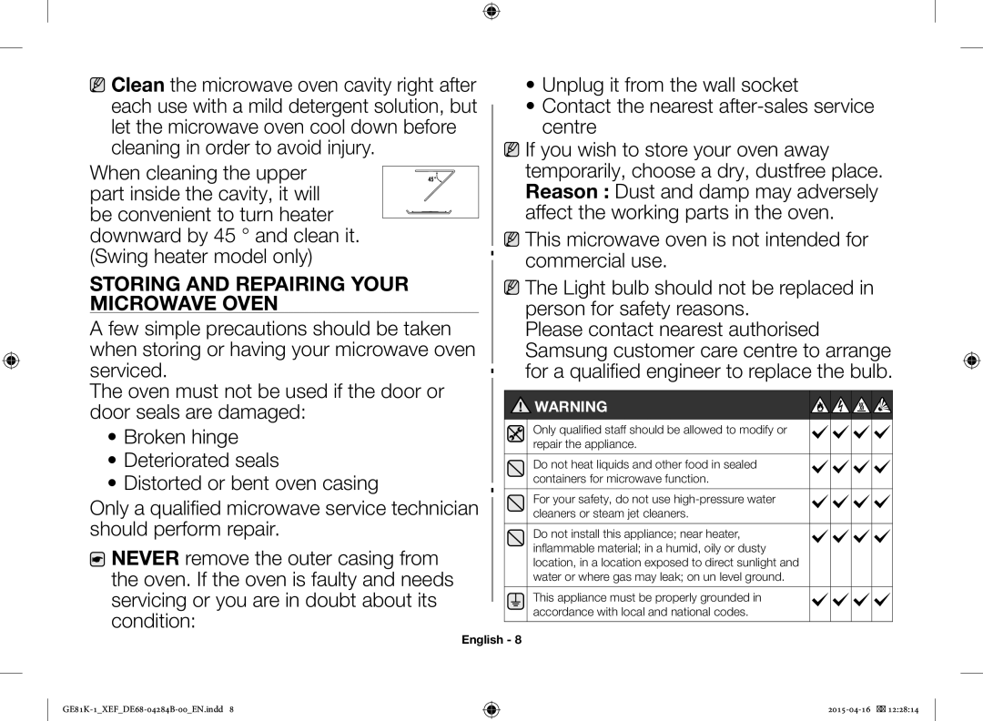 Samsung GE81KB-1/XEF manual Storing and Repairing Your Microwave Oven 