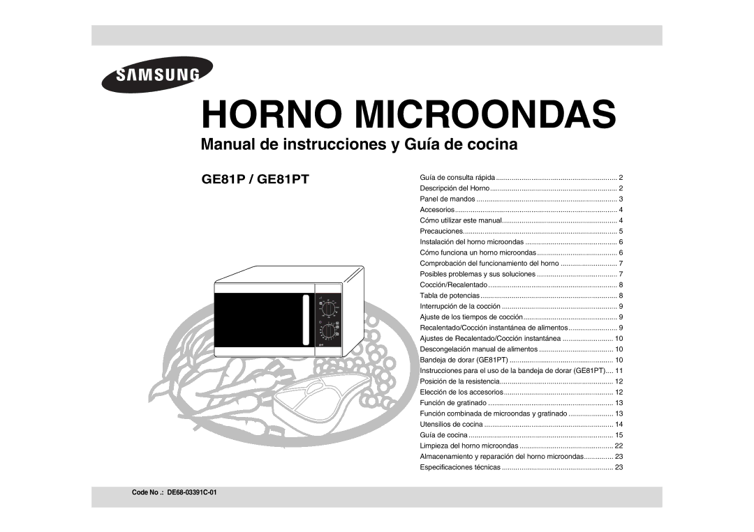 Samsung GE81P/XEC manual Horno Microondas, Code No . DE68-03391C-01 