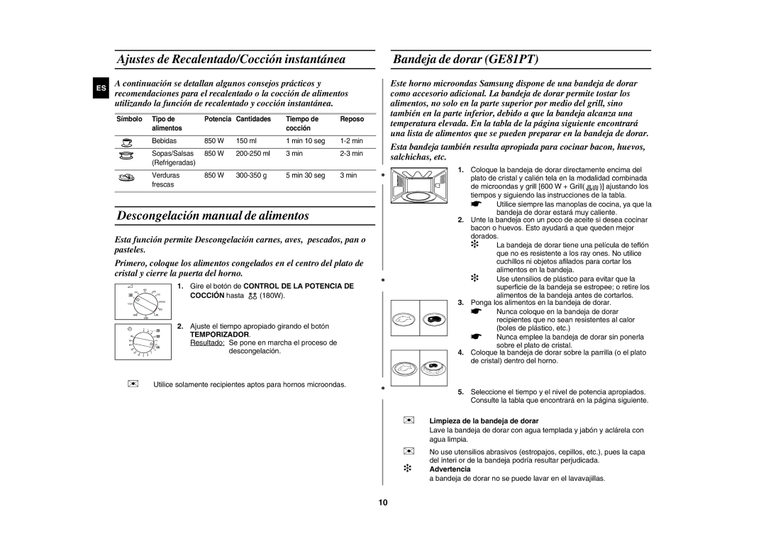 Samsung GE81P/XEC Ajustes de Recalentado/Cocción instantánea, Descongelación manual de alimentos, Bandeja de dorar GE81PT 