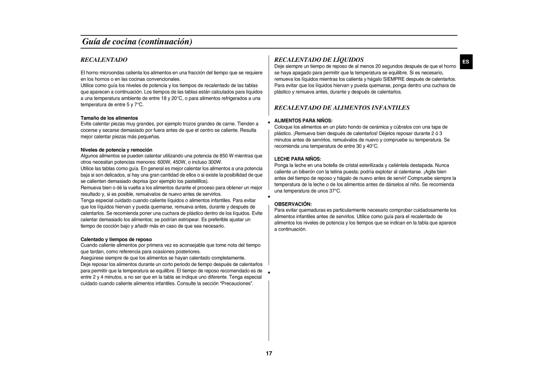 Samsung GE81P/XEC manual Recalentado DE Líquidos, Recalentado DE Alimentos Infantiles 