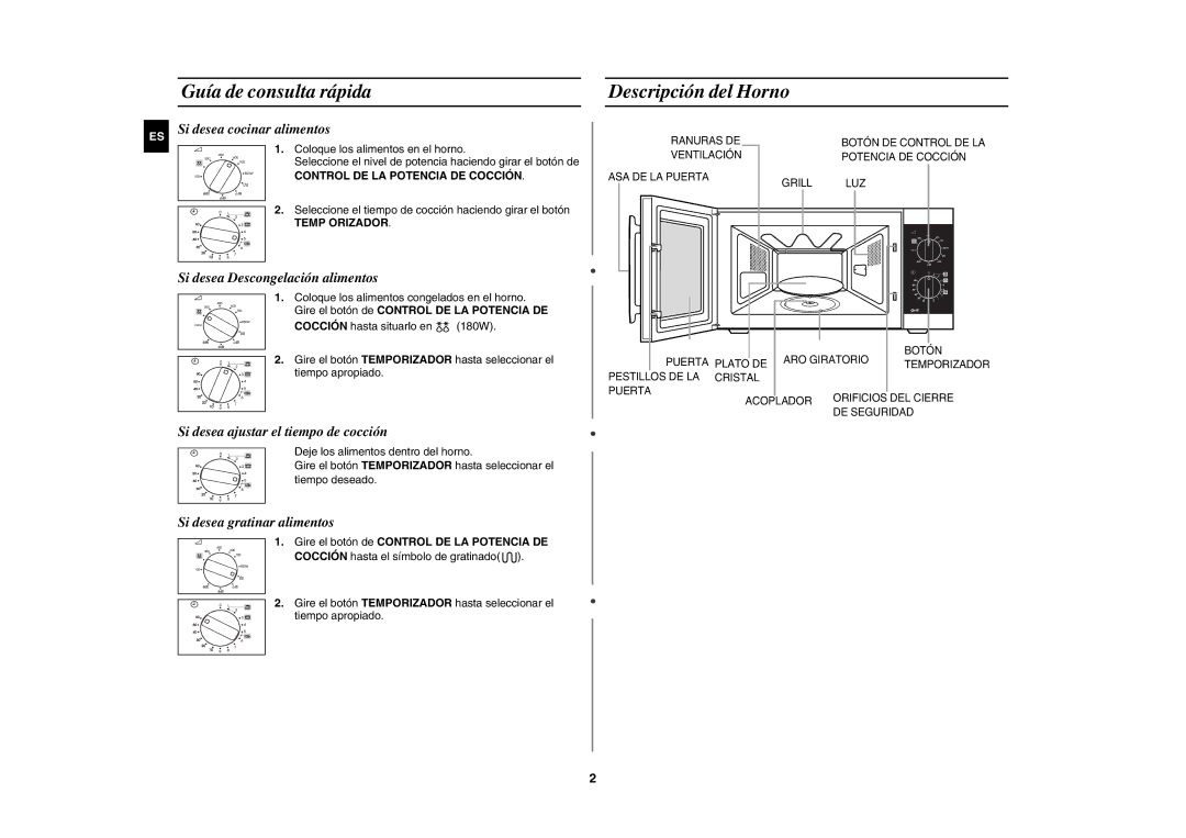 Samsung GE81P/XEC Guía de consulta rápida Descripción del Horno, Seleccione el tiempo de cocción haciendo girar el botón 