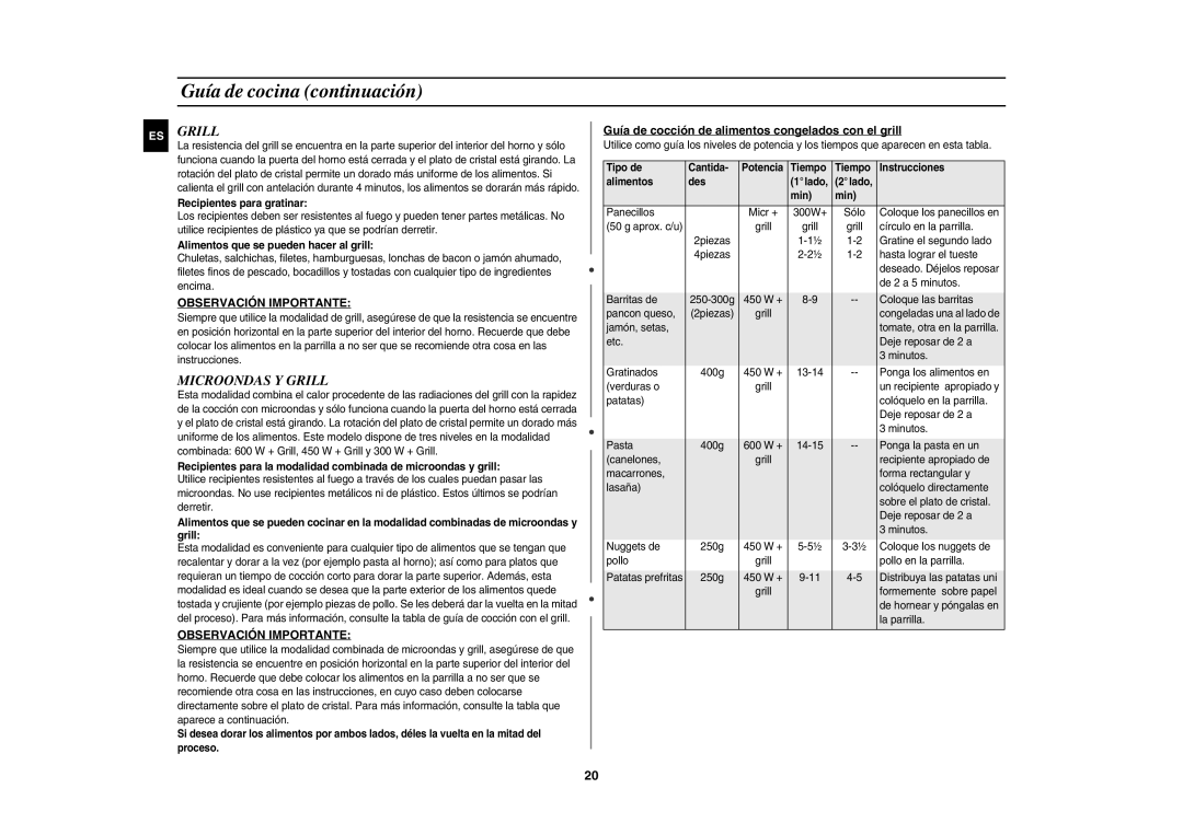 Samsung GE81P/XEC Microondas Y Grill, Guía de cocción de alimentos congelados con el grill, Recipientes para gratinar 