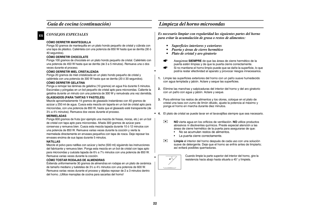 Samsung GE81P/XEC manual Guía de cocina continuación Limpieza del horno microondas, Consejos Especiales 