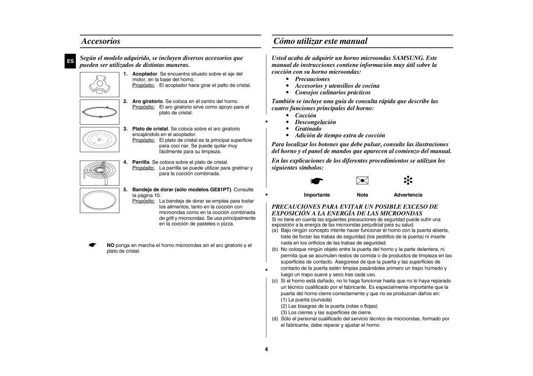 Samsung GE81P/XEC Accesorios Cómo utilizar este manual, Bandeja de dorar sólo modelos GE81PT. Consulte la página 