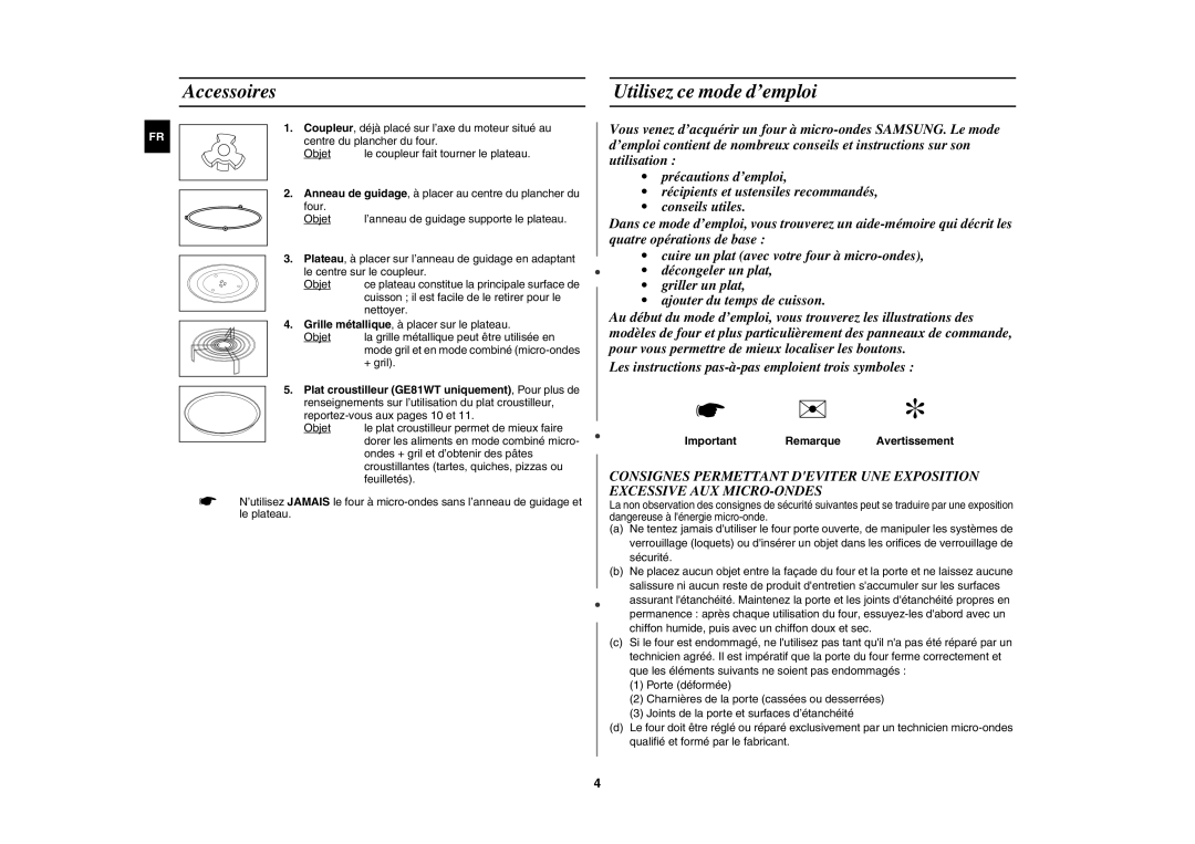 Samsung GE81W-S/XEF manual Accessoires Utilisez ce mode d’emploi, Important Remarque Avertissement 