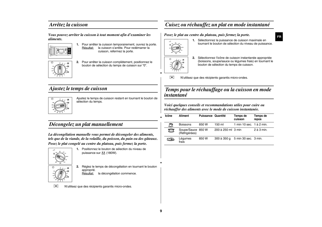 Samsung GE81W-S/XEF manual Arrêtez la cuisson, Ajustez le temps de cuisson, Décongelez un plat manuellement 