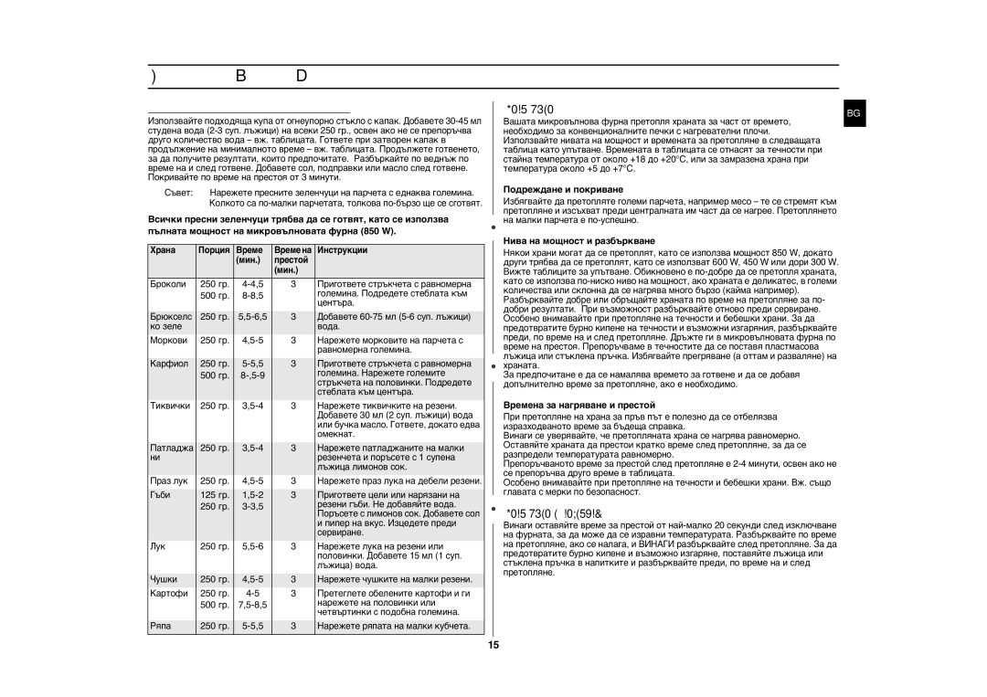 Samsung GE81W/BOL manual Готварски указател продължение, Претопляне НА Течности, Готварски указател за пресни зеленчуци 