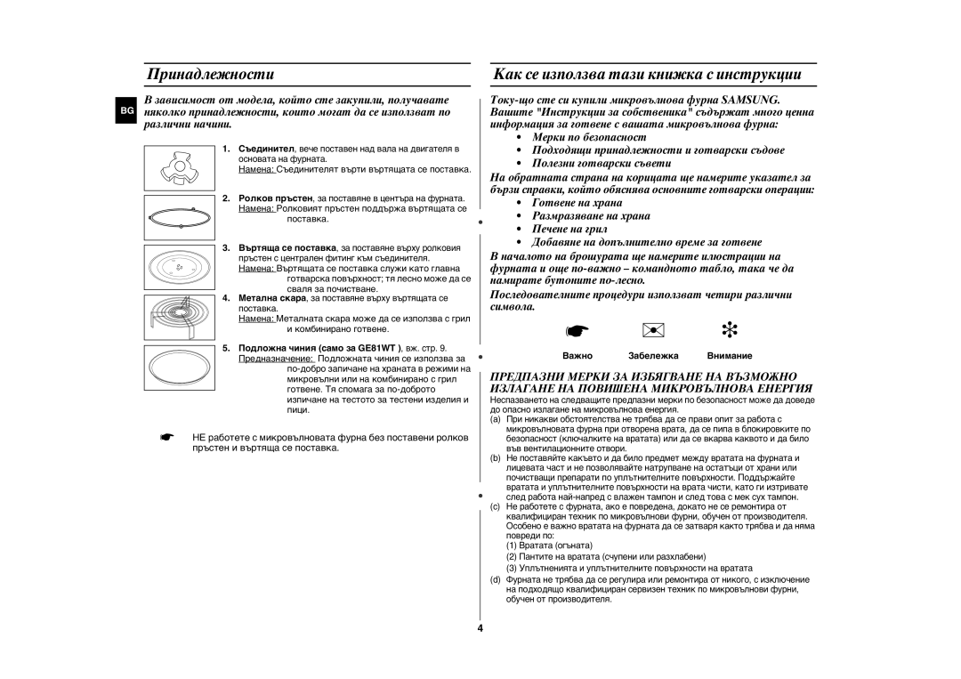 Samsung GE81W/BOL manual Принадлежности, Как се използва тази книжка с инструкции, Важно Забележка Внимание 