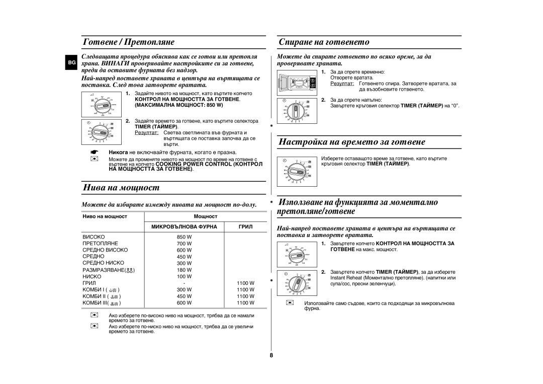 Samsung GE81W/BOL manual Нива на мощност, Настройка на времето за готвене, Готвене / Претопляне, Спиране на готвенето 