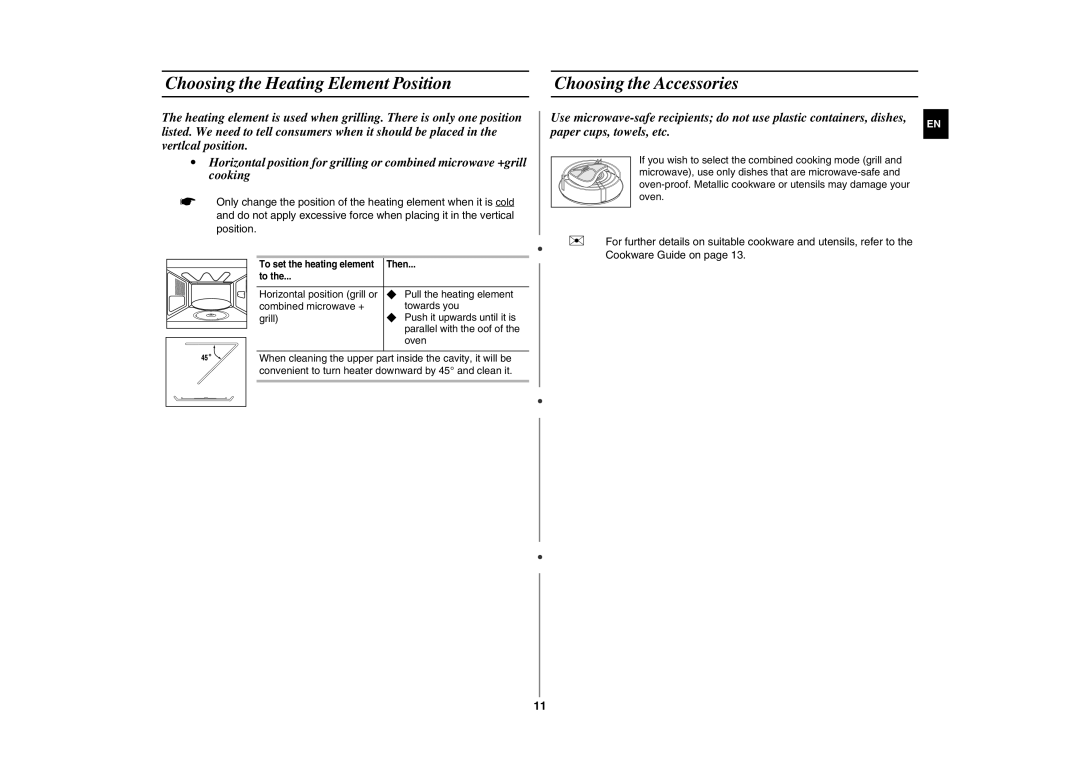 Samsung GE81W/BOL manual Choosing the Heating Element Position, Choosing the Accessories 