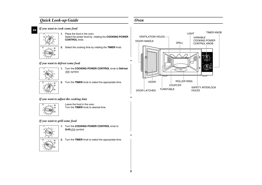 Samsung GE81W/BOL manual Quick Look-up Guide, Oven, Turn the Cooking Power Control knob to Defrost symbol 