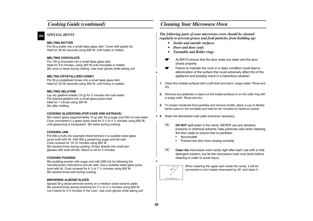 Samsung GE81W/BOL manual Cleaning Your Microwave Oven, EN Special Hints 