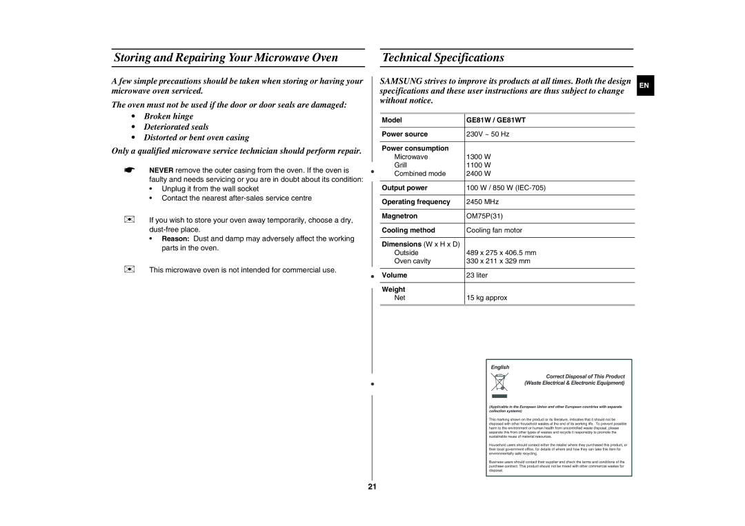 Samsung GE81W/BOL manual Storing and Repairing Your Microwave Oven, Technical Specifications 