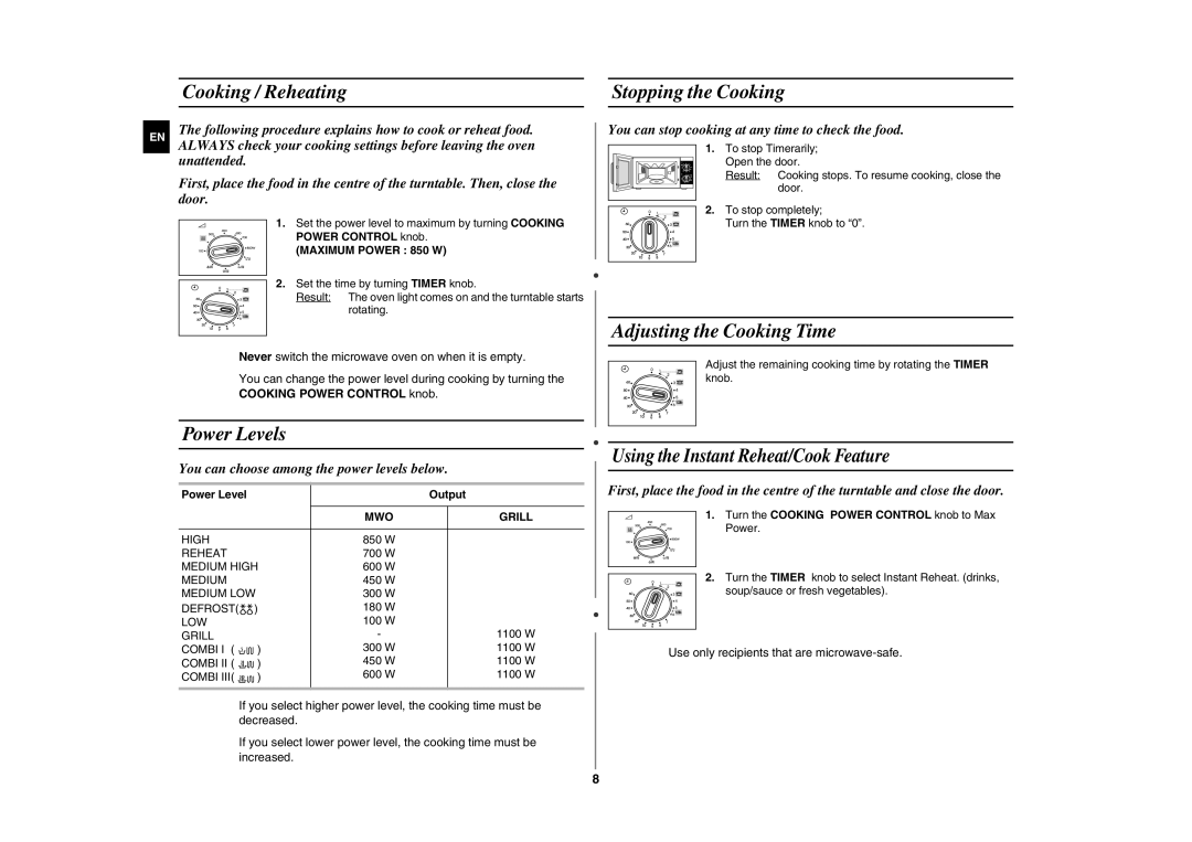 Samsung GE81W/BOL Cooking / Reheating Stopping the Cooking, Power Levels, Adjusting the Cooking Time, Maximum Power 850 W 