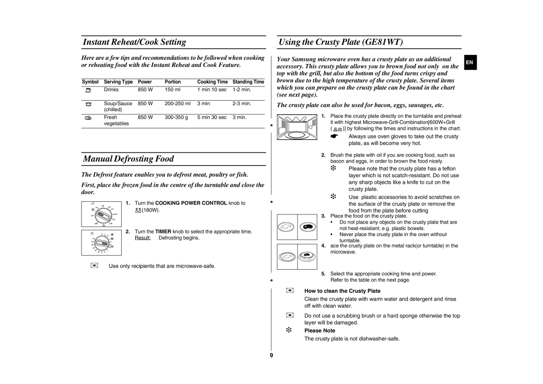 Samsung GE81W/BOL manual Instant Reheat/Cook Setting, Manual Defrosting Food, Using the Crusty Plate GE81WT,  Please Note 