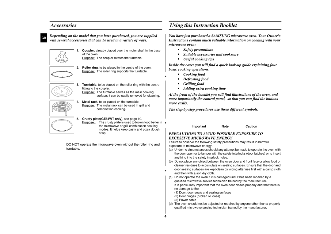 Samsung GE81W/ERP manual Accessories Using this Instruction Booklet, Crusty plateGE81WT only, see, Important Note Caution 