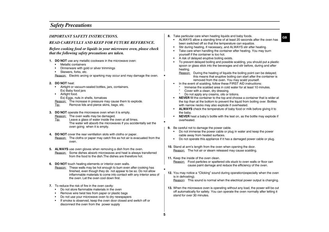 Samsung GE81W/ERP manual Safety Precautions, Do not heat 