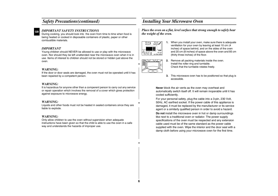 Samsung GE81W/ERP manual Installing Your Microwave Oven, GB Important Safety Instructions 