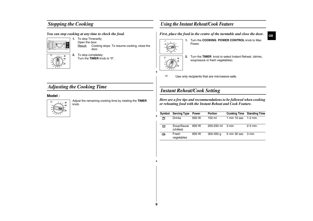 Samsung GE81W/ERP manual Stopping the Cooking, Adjusting the Cooking Time, Instant Reheat/Cook Setting 