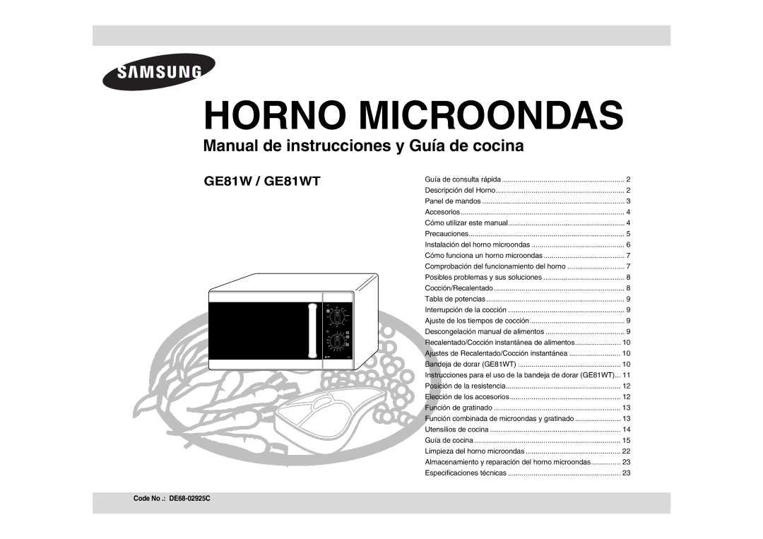 Samsung GE81W-S/XEC, GE81W/XEC manual Horno Microondas, Code No . DE68-02925C 