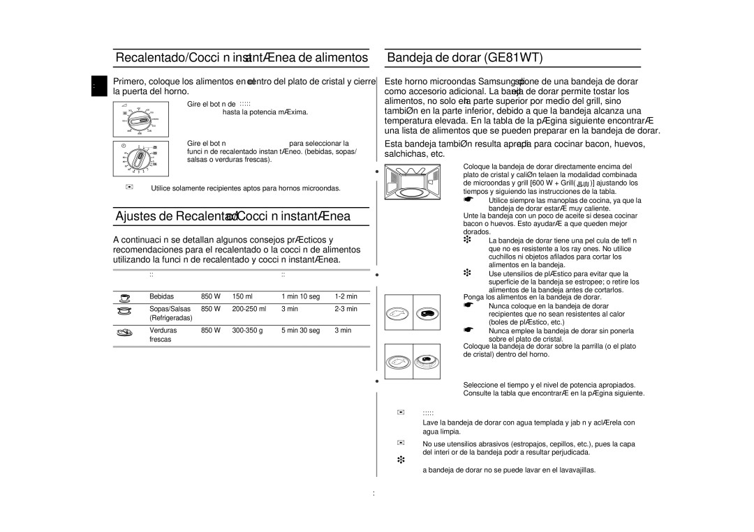 Samsung GE81W/XEC Recalentado/Cocción instantánea de alimentos, Ajustes de Recalentado/Cocción instantánea, Advertencia 