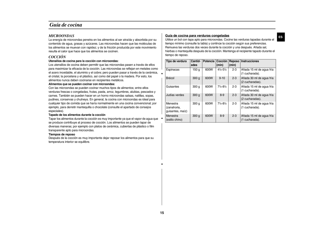 Samsung GE81W-S/XEC, GE81W/XEC manual Microondas, Cocción, Guía de cocina para verduras congeladas 