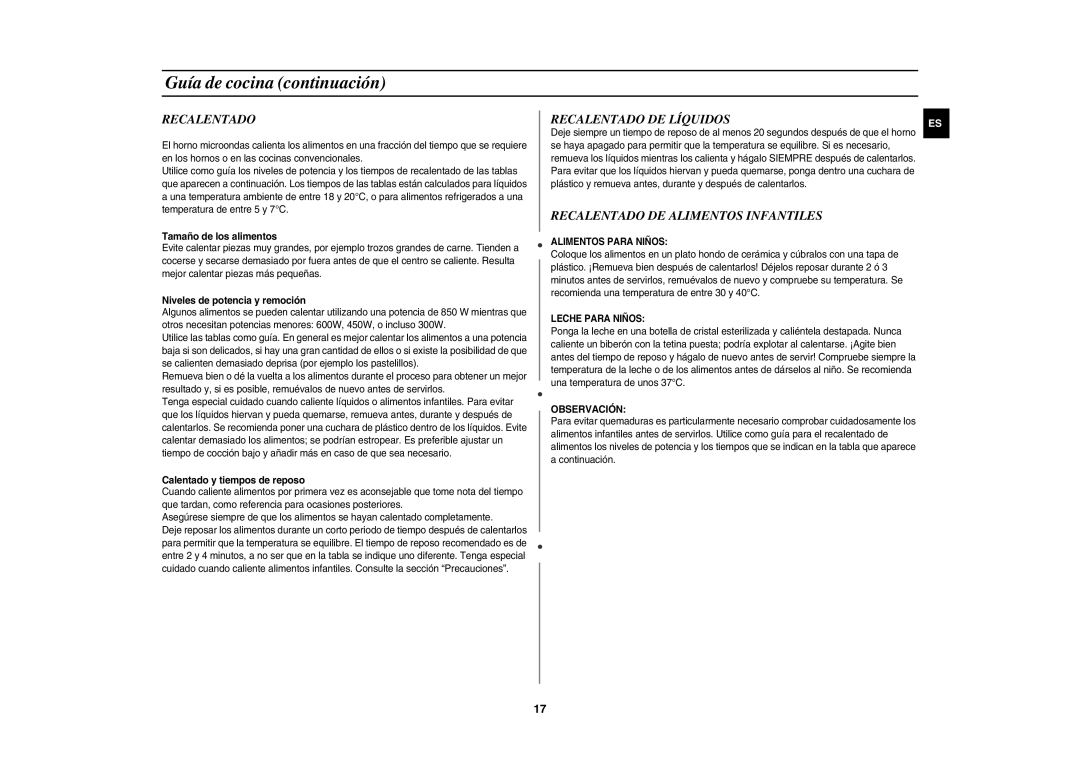 Samsung GE81W-S/XEC, GE81W/XEC manual Recalentado DE Líquidos, Recalentado DE Alimentos Infantiles 