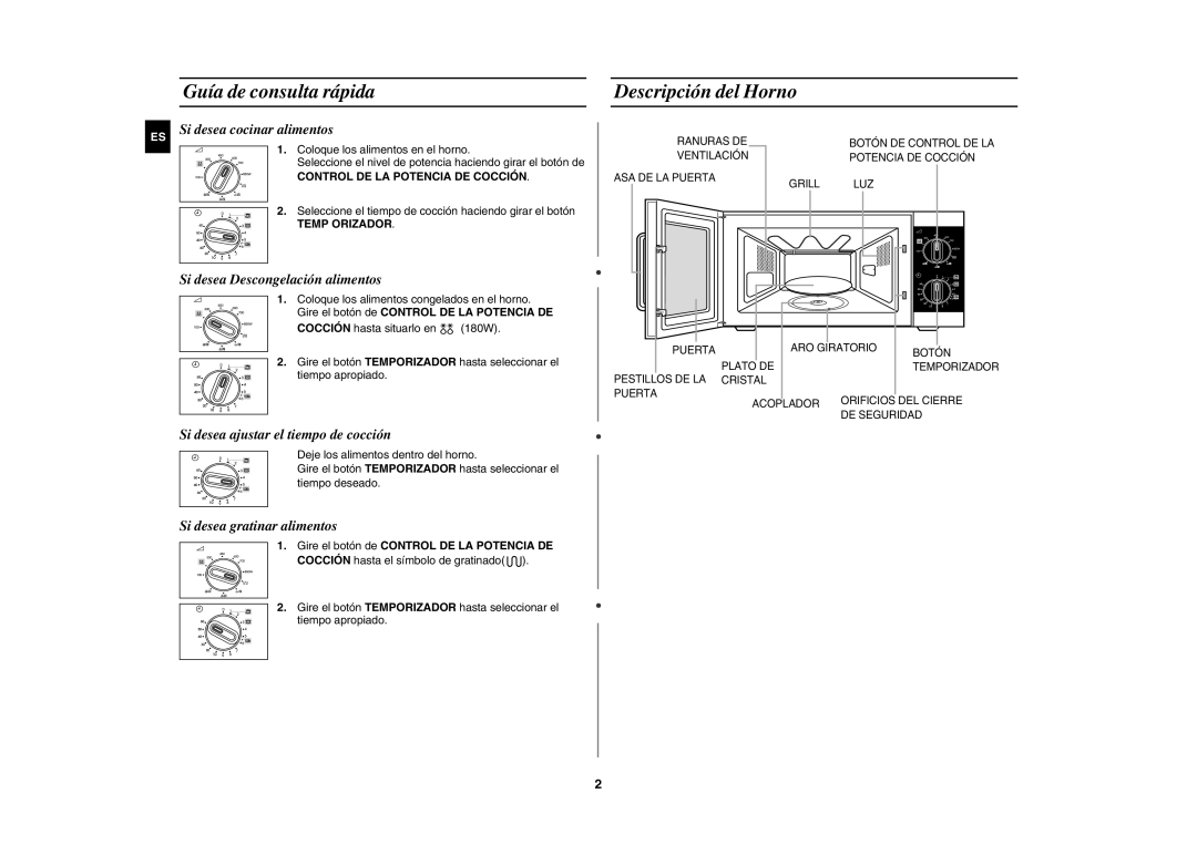 Samsung GE81W/XEC Guía de consulta rápida Descripción del Horno, Seleccione el tiempo de cocción haciendo girar el botón 