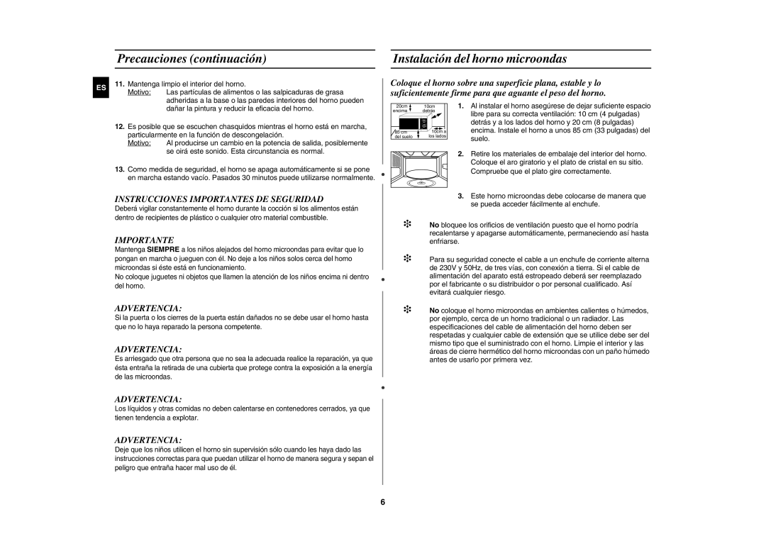 Samsung GE81W/XEC manual Precauciones continuación Instalación del horno microondas, Instrucciones Importantes DE Seguridad 