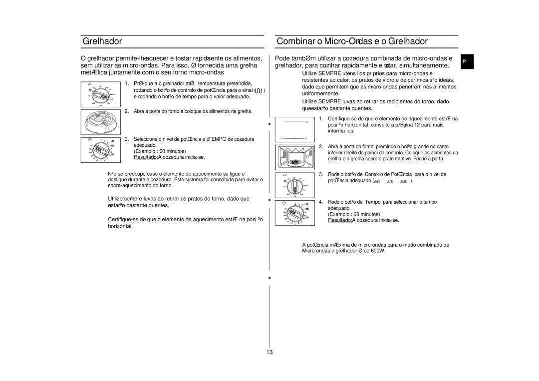 Samsung GE81W-S/XEC, GE81W/XEC manual Grelhador Combinar o Micro-Ondas e o Grelhador 